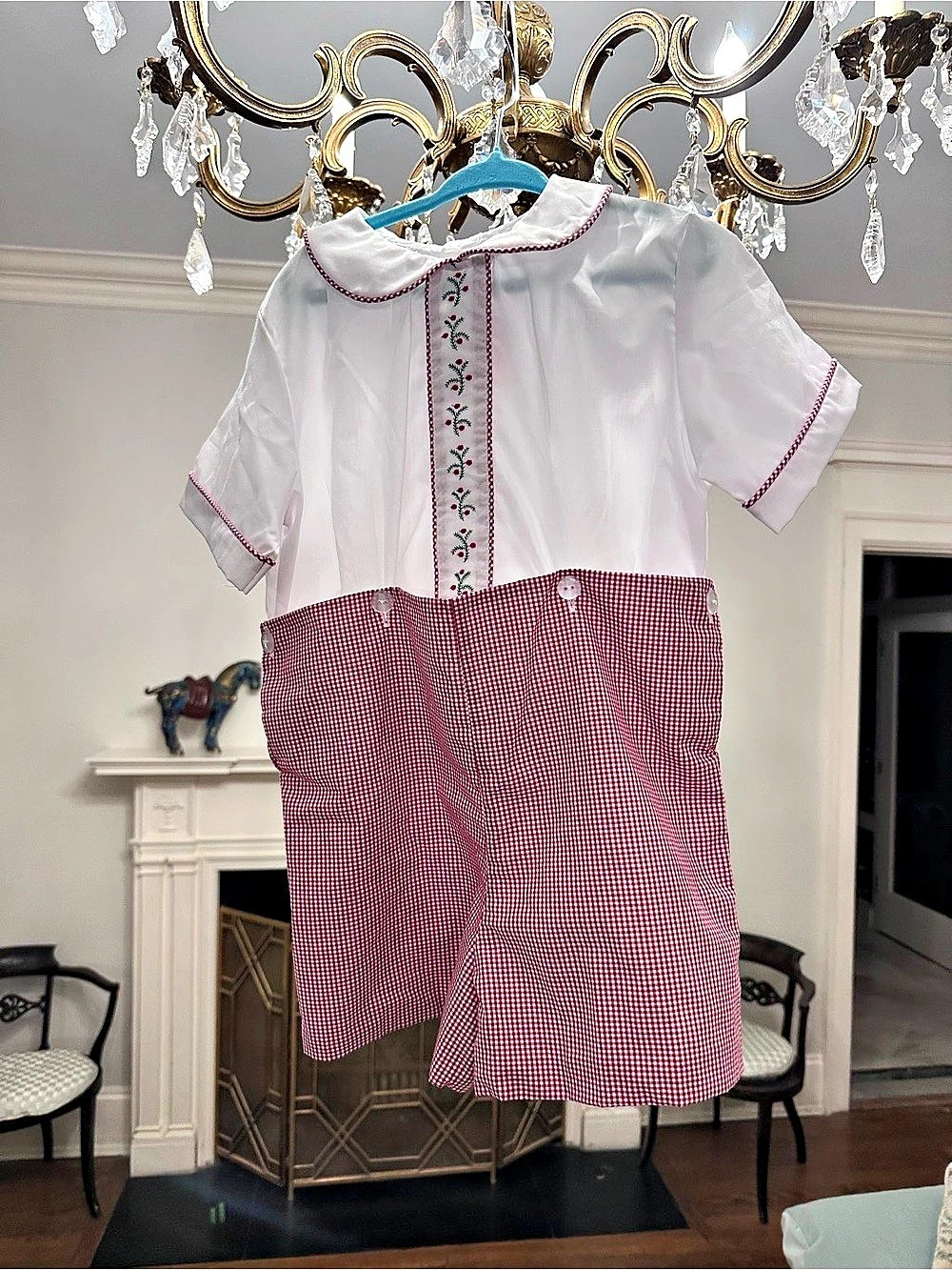 Peppermint pony heirloom Bobby suit, Christmas holly, white and red gingham, 4t